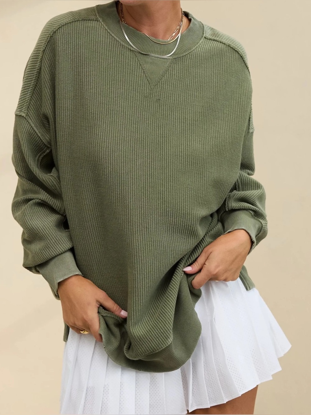 Aerie Big Chill Olive Green Ribbed Oversized Sweatshirt Women’s Small